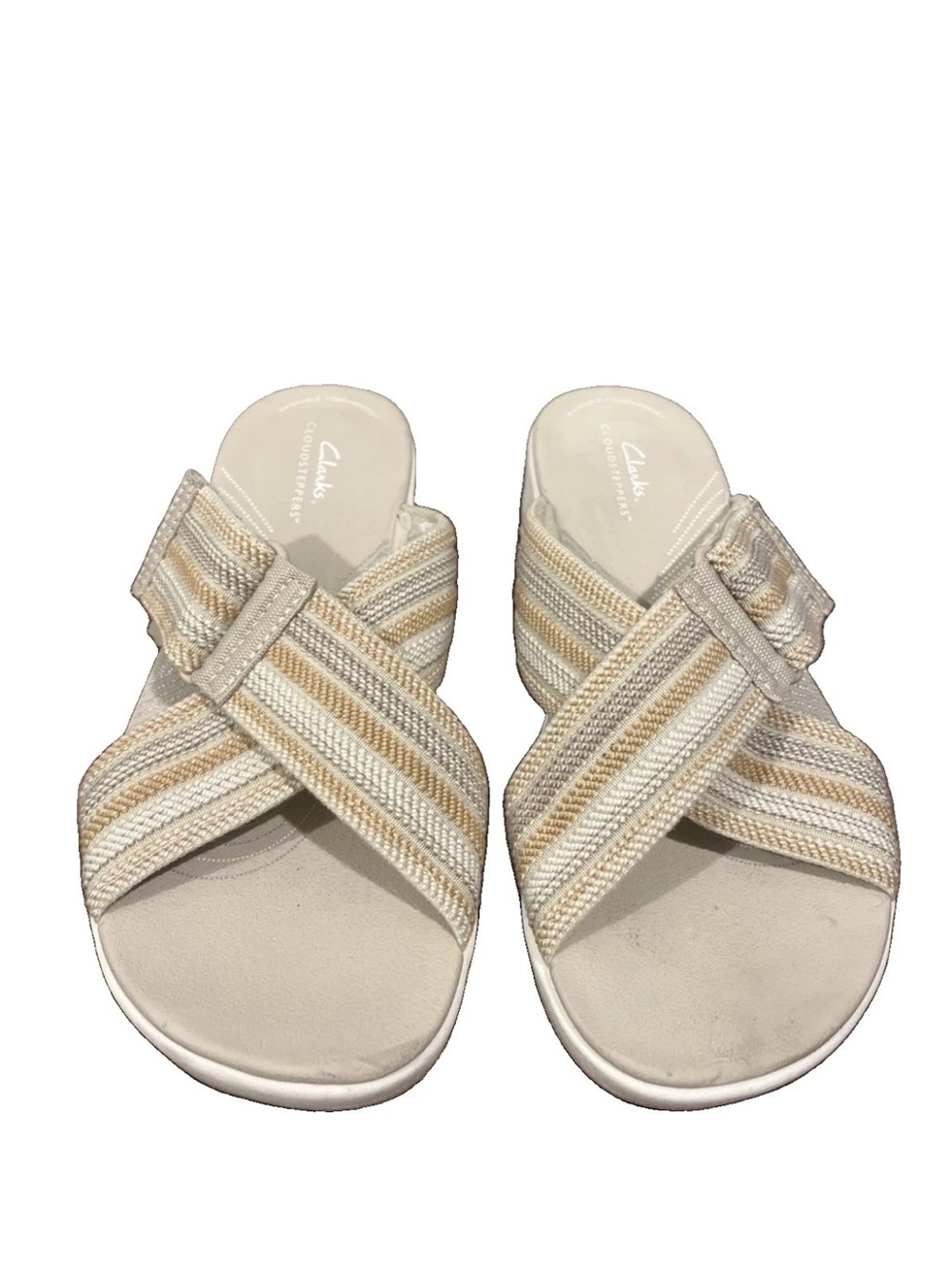 Clarks Women's Cream and Tan Striped Crossband sandals Sz 9